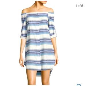 Bella Dahl Blue Off Shoulder 3/4 Sleeve Cotton Striped shirt dress